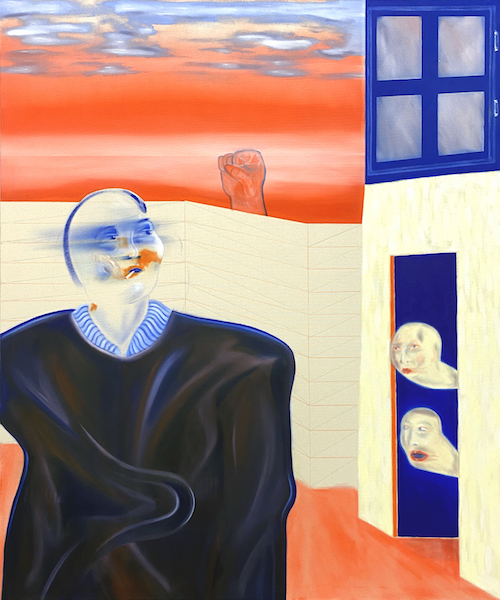 Paul Glaw: Die Dialektik der Safe Spaces, 2021, Öl und Ölkreide auf Leinwand, 180 x 150 cm 

